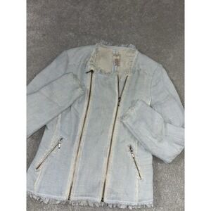 Sundance Tweed Asymmetrical Zip Jacket Blue Stretch Soft Size 10 Medium Fray Hem